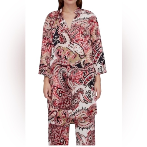 ZARA Tunic Red Paisley High Mock Neck Banded Collar Split Sides Size S - Picture 1 of 12